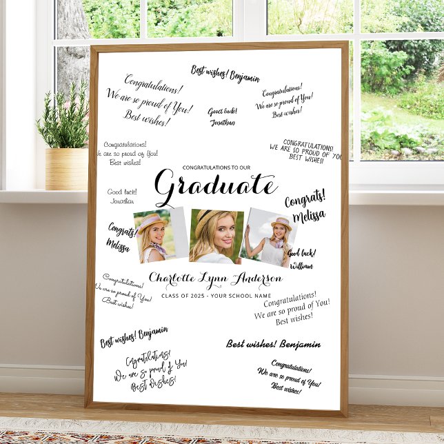 Modern 3 Photo Collage Graduation Guest Signature Poster (Creator Uploaded)