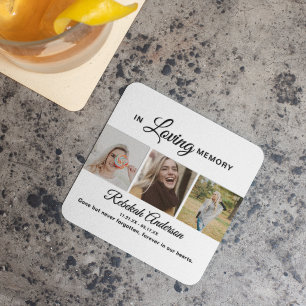 Modern 3 Photo Collage Memorial Square Paper Coaster