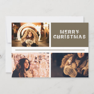Modern 3 Photo Collage Merry Christmas Holiday Card