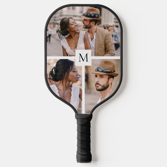 Modern 3 Photo Collage Monogram Pickleball Paddle (Front)
