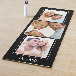 Modern 3 Photo Collage Name Personalized Black   Yoga Mat