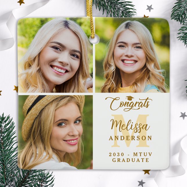 Modern 3 Photo Collage Personalised Graduation Ceramic Ornament (Creator Uploaded)