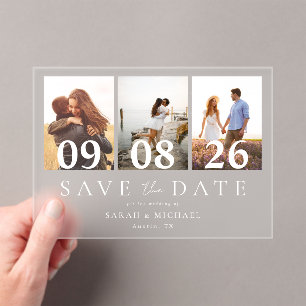Modern 3 Photo Collage Save the Date Wedding Acrylic Invitations