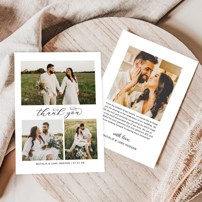 Modern 3 Photo Collage Script Wedding Thank You Card (Creator Uploaded)