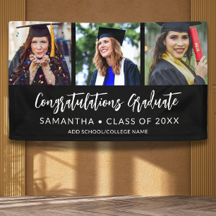 Modern 3 Photo Congratulations Black Graduation Banner