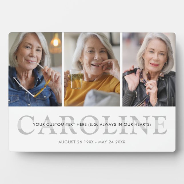 Modern 3-Photo Custom Text Memorial Keepsake Plaque (Front)