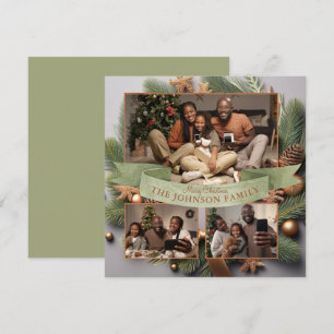 Modern 3 Photo Family Christmas Evergreen Holiday Card