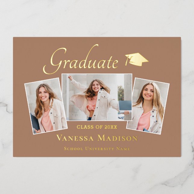 Modern | 3 Photo Foil Graduation Announcement (Front)