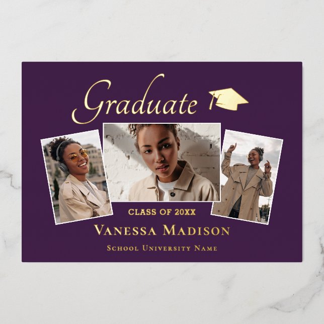 Modern | 3 Photo Foil Graduation Announcement (Front)