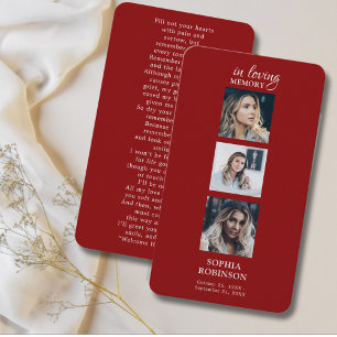Modern 3 Photo Funeral Prayer Red Bookmark Card