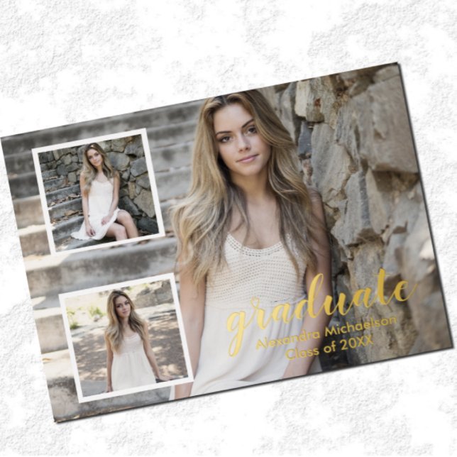 Modern 3 Photo Graduation Foil Invitation Postcard (Creator Uploaded)