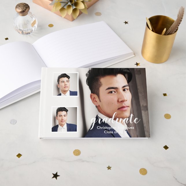 Modern 3 Photo Graduation Guest Book (Front Open)