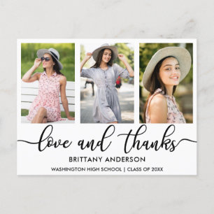 Modern 3 Photo Graduation Love and Thanks BW Announcement Postcard
