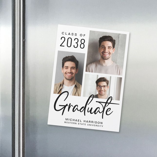 Modern 3 Photo Graduation Magnetic Announcement (A modern photo graduation magnetic announcement card to celebrate the graduate's achievements)