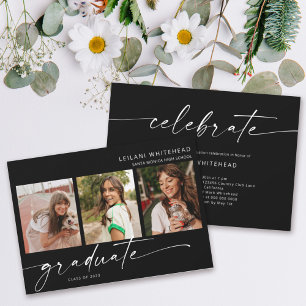 Modern 3 Photo Graduation Party Black Announcement