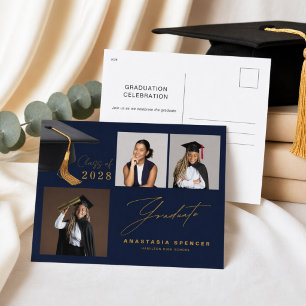 Modern 3 Photo Graduation Party Invitation Postcard