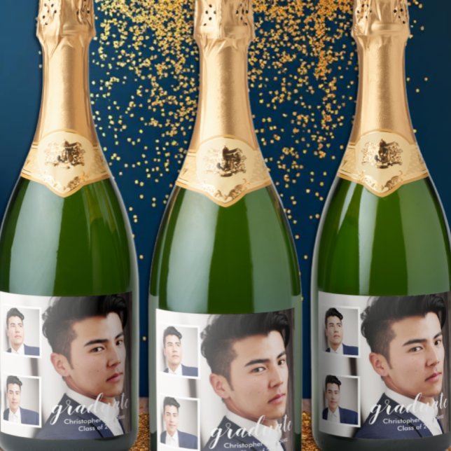 Modern 3 Photo Graduation Sparkling Wine Label (Creator Uploaded)
