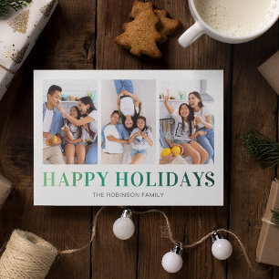 Modern 3 Photo Green Holiday Card