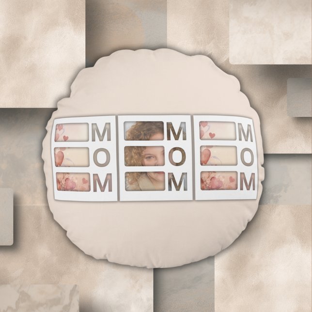 Modern 3 Photo Grid Mom Birthday Keepsake Round Cushion (Creator Uploaded)
