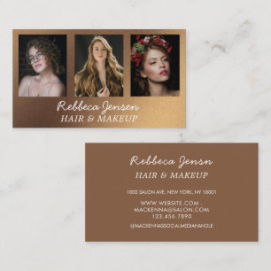 Modern 3 Photo Hair & makeup Black and Gold Business Card