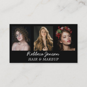 Modern 3 Photo Hair & makeup Black White  Business Card