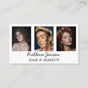 Modern 3 Photo Hair & makeup Black White  Business Card