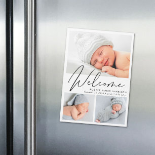 Modern 3 Photo Magnetic Birth Announcement