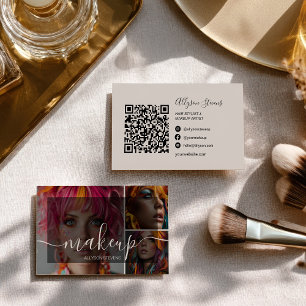 Modern 3 Photo Makeup Artist QR code Social Media Business Card