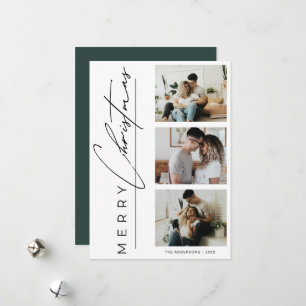 Modern 3 Photo Minimalist Green Christmas Script Holiday Card