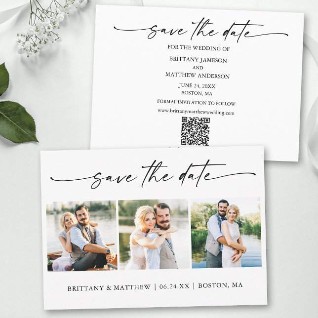 Modern 3 Photo Minimalist Ink Pen Script QR Code Save The Date (Add your wedding website or social media web address to the QR Scan Code.)