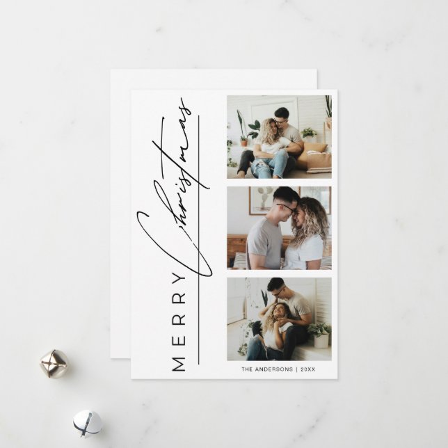 Modern 3 Photo Minimalist Merry Christmas Script Holiday Card (Front/Back In Situ)