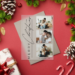Modern 3 Photo Minimalist Script Christmas Card Acrylic Invitations