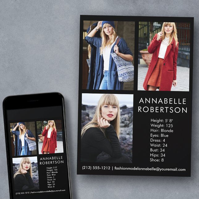 Modern 3 Photo Model Actor Comp Card (Customize to change background color, text size, style or to add more photos to back of card.)