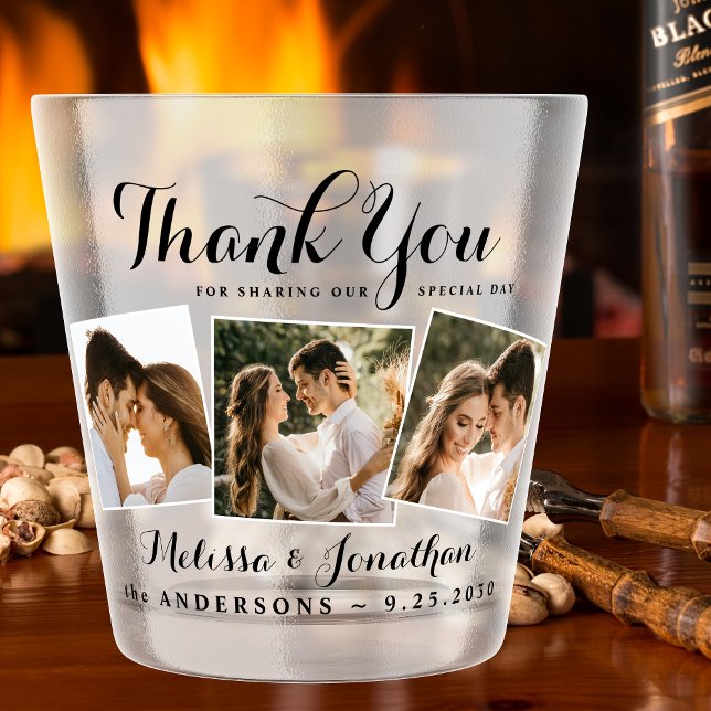Modern 3 Photo Newlywed Wedding Thank You Shot Gla Glass (Creator Uploaded)