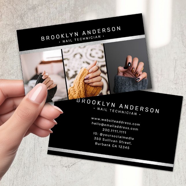 Modern 3 Photo Photographer Black Silver Business Card (Creator Uploaded)