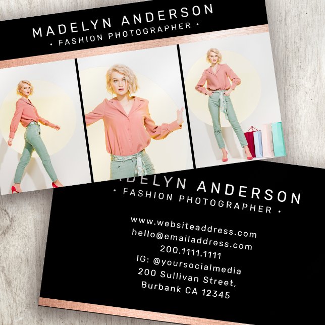 Modern 3 Photo Photographer Rose Gold Foil Business Card (Creator Uploaded)