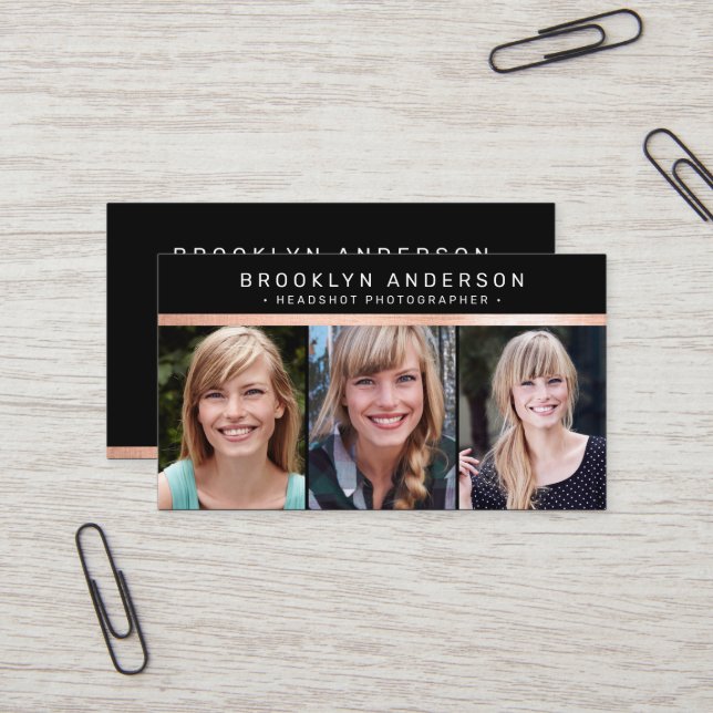 Modern 3 Photo Photographer Rose Gold Foil Business Card (Front/Back In Situ)