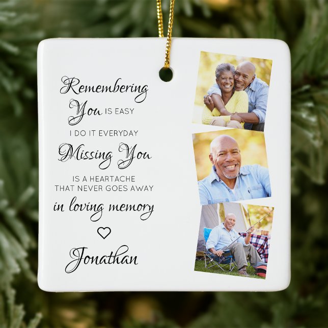 Modern 3 Photo Remembrance Keepsake Memorial Ceramic Ornament (Creator Uploaded)