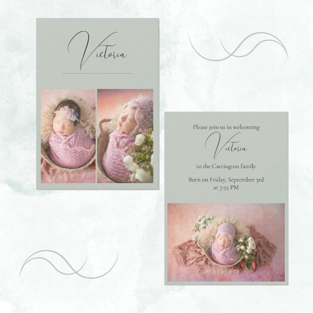 Modern 3 Photo Sage Green Baby Girl Birth Announcement (Creator Uploaded)