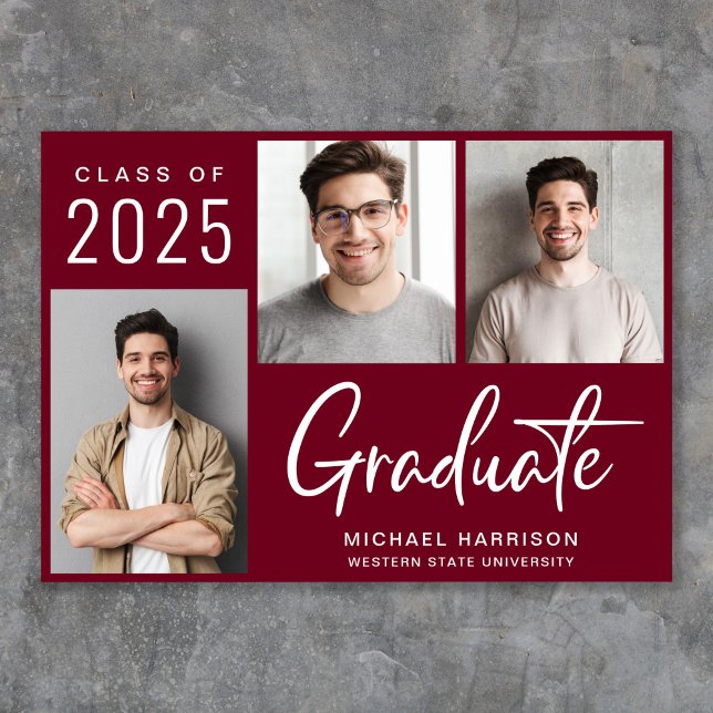 Modern 3 Photo Script Burgundy Graduation Announcement (Cherish the milestone: share your graduate's achievement with a custom photo graduation announcement)