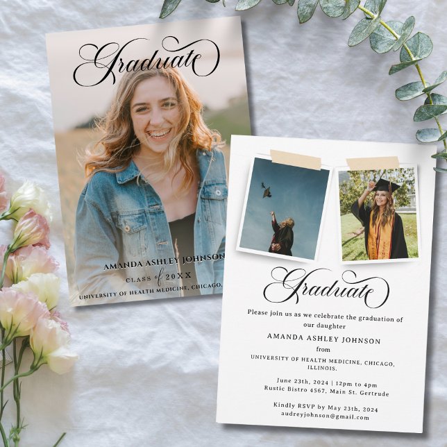 Modern 3 Photo Script Typography Graduation  Invitation (Creator Uploaded)