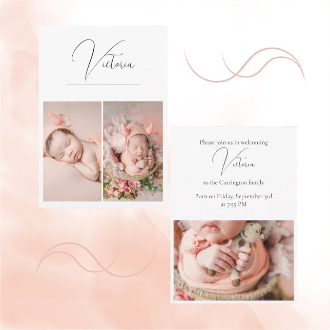 Modern 3 Photo Simple Baby Girl Birth Announcement (Creator Uploaded)