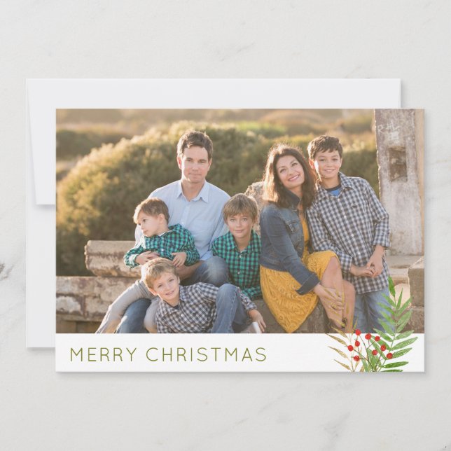 Modern 3 Photo Simple Merry Christmas Holly Leaves Holiday Card (Front)