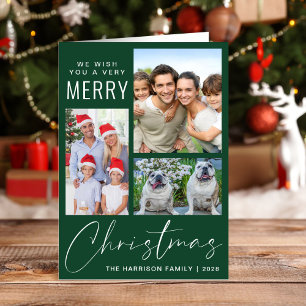 Modern 3 Photo Very Merry Christmas Green Holiday Card