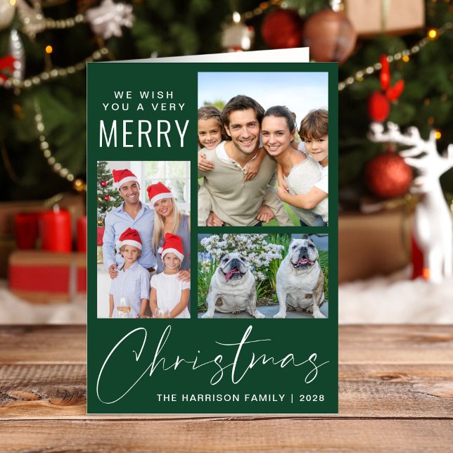 Modern 3 Photo Very Merry Christmas Green Holiday Card (Creator Uploaded)