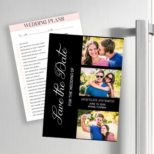 Modern 3 Photo Wedding Black  (Wedding Save the Date 3-photo magnet )