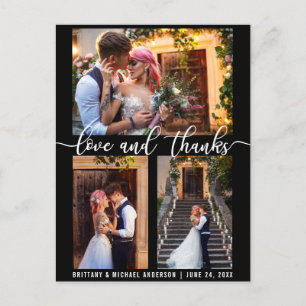 Modern 3 Photo Wedding Love and Thanks Script Postcard