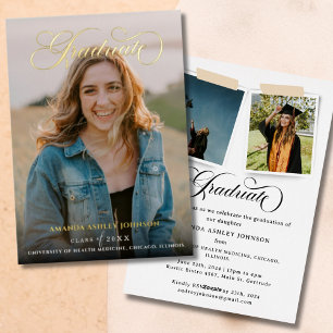 Modern 3 Photo White Script Graduation 