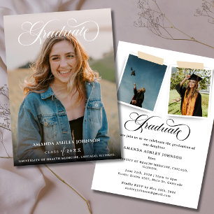 Modern 3 Photo White Script Graduation  Invitation