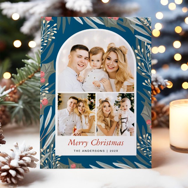 Modern 3 Photo Winter Blue Foliage Merry Christmas Holiday Card (Creator Uploaded)